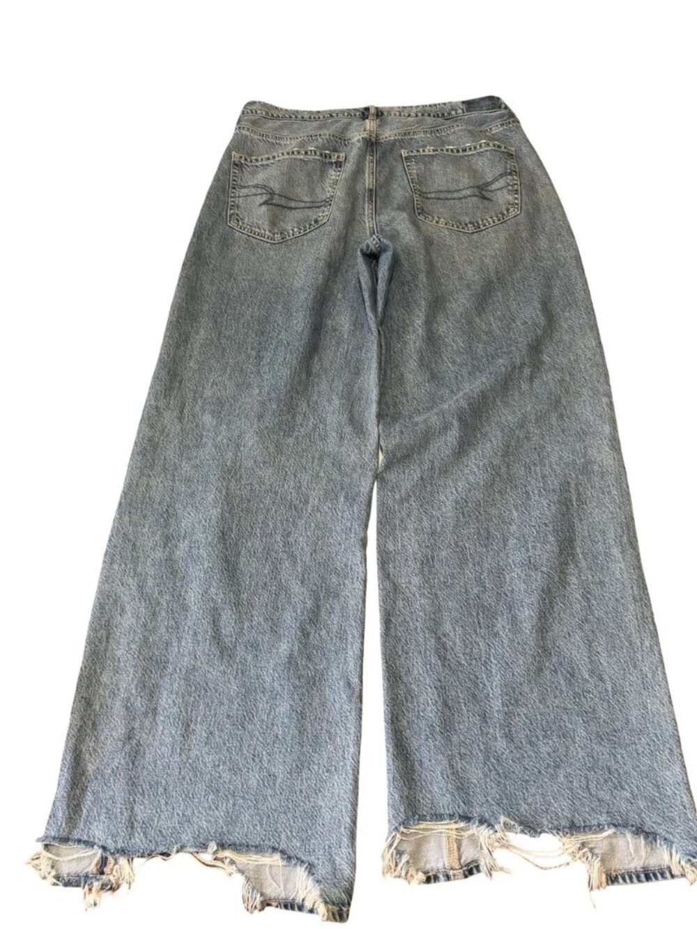 American Eagle Super High Rise Baggy Wide Leg Jeans 12 L | Distressed Raw Hem - Picture 3 of 8